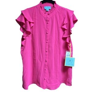 CeCe Pintuck Ruffle Short Sleeve Blouse Bright Rose Pink LARGE NWT